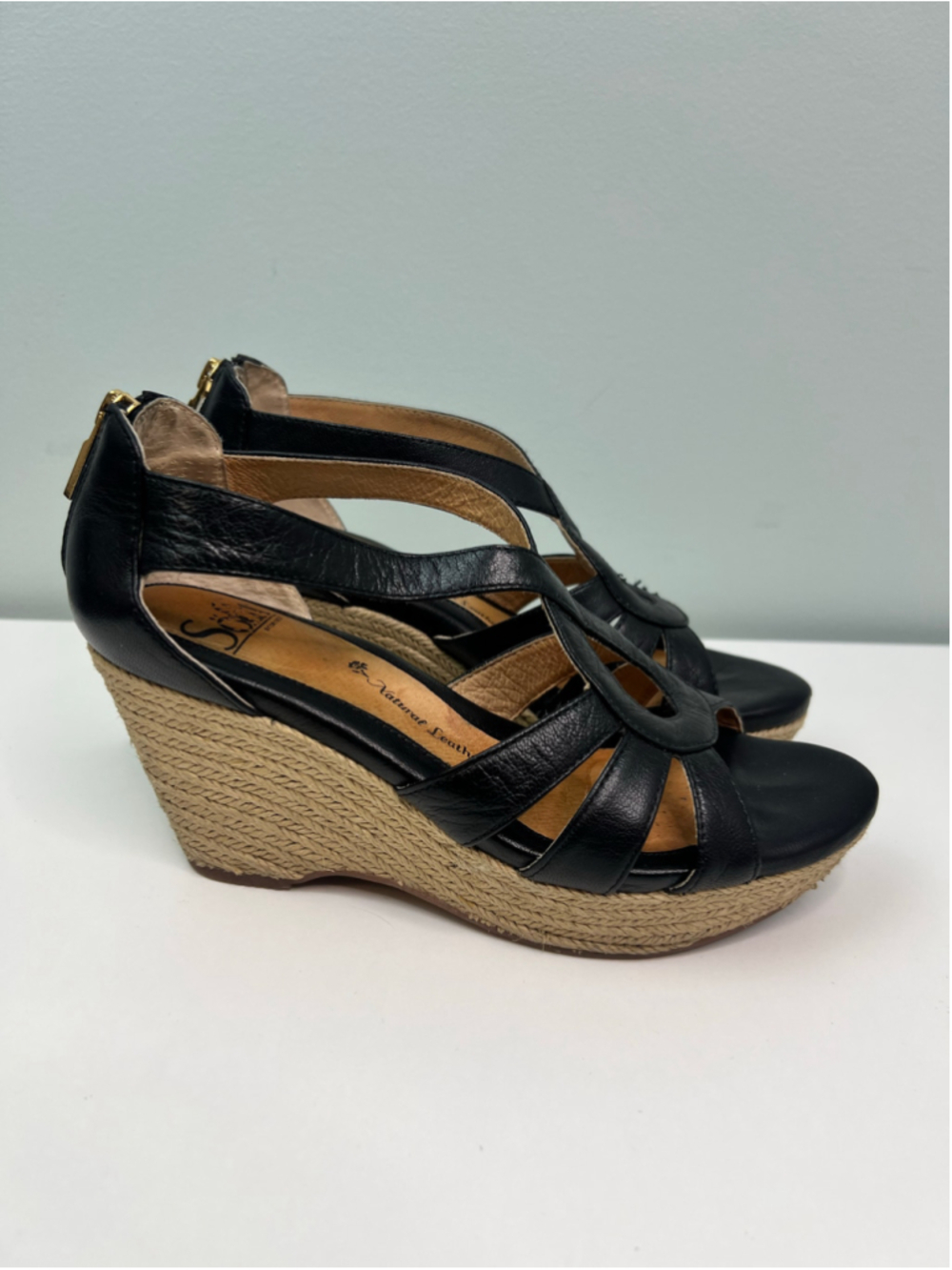 Sofft Leather Espadrille Wedge Sandals Size 6 Comfort Black Gold Zipper